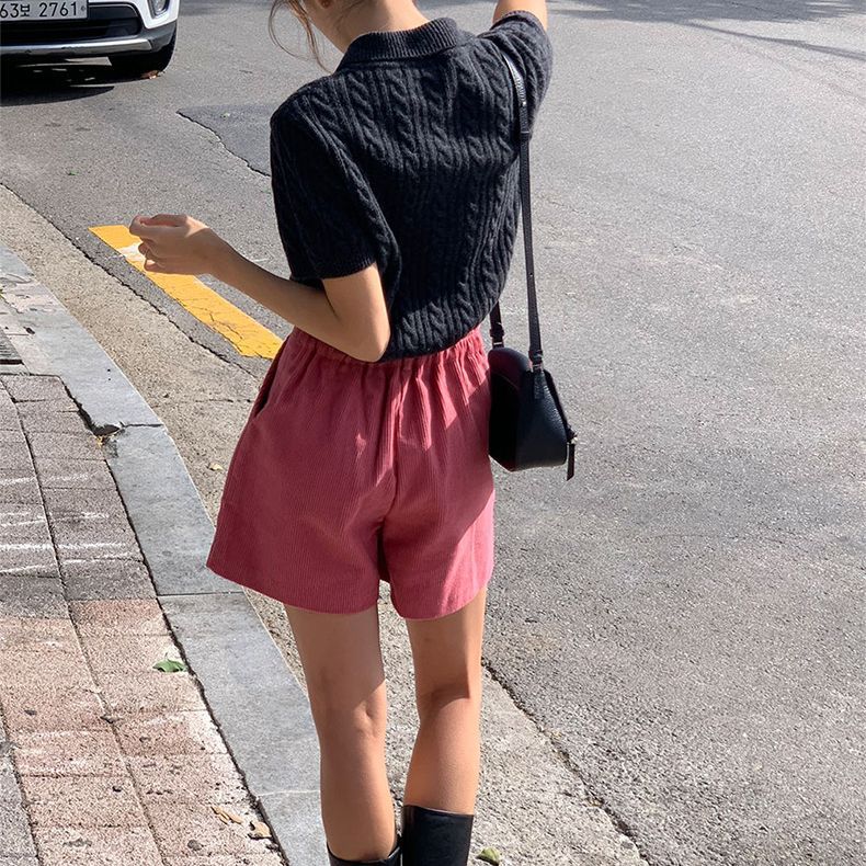 spring new versatile casual corduroy shorts elastic high waist dopamine single item short Korean pants