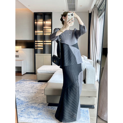Folds  autumn designer high-end color matching fashion casual suit queen fan temperament elegant two-piece set