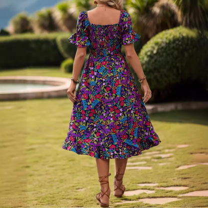popular  Hot Trade Women's Clothing   Shoulder Horn Sleeve Medium and Long Dress Printed Short Sleeve Dress