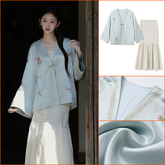 Spring 2025 national style light luxury retro printing embroidery light luxury new Chinese coat skirt two-piece set women N2050