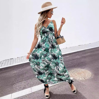Popular trade 2025 women's clothing popular summer  v-neck sleeveless suspender printed bohemian dress