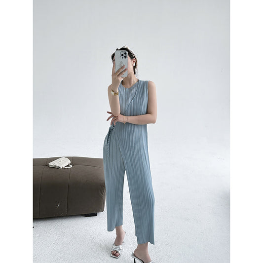 summer new Japanese imported Toray fabric subtotal yellow pleated series jumpsuit top pants women
