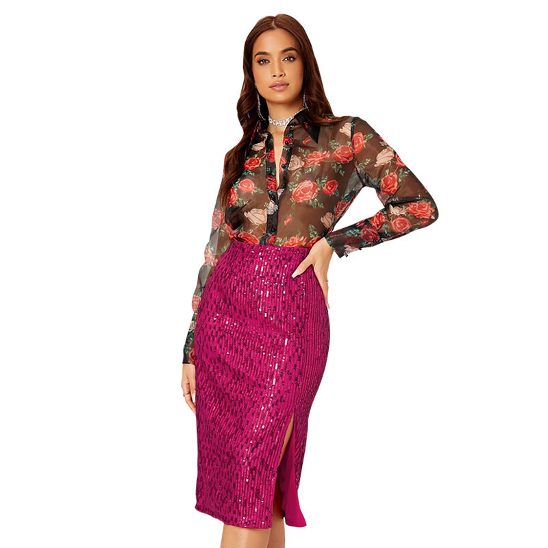 SIXSR Short skirt Spice girl Popular trade INS style skirt summer women's temperament slim hip skirt split sequined skirt women