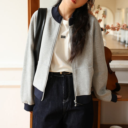 Letter Embroidery Contrast Color Sweater Women's  New Design Sense Front Shoulder Cardigan Crew Neck Long Sleeve Zipper Jacket