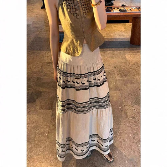 Siyuan IC same linen old totem print bohemian skirt vacation big skirt long skirt 7841