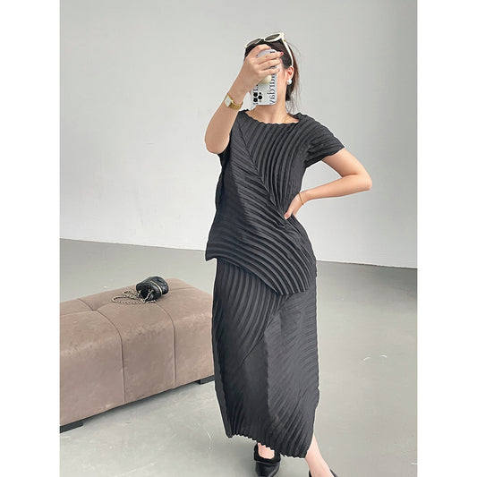 summer solid color suit women's design sense loose and thin irregular slim top fashion pleated skirt