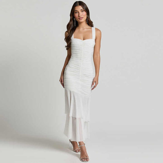 2025 2025 New new suspender double-layer mesh splicing dress fashionable and sexy Spice Girl tight pleated fishtail skirt