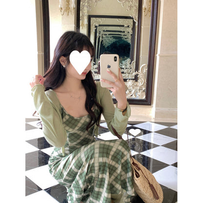 2025 Holiday  retro suspender dress cardigan women's seaside vacation beautiful slim plaid dress two-piece set