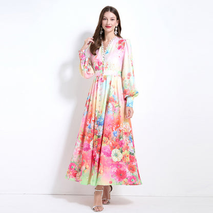 Holiday style dress women's  new  V-neck lace splicing lantern sleeve waist printed chiffon dress