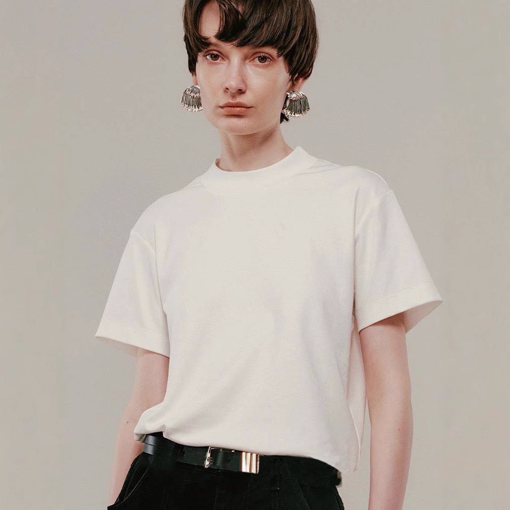 Siyuan, minimalist solid color comfortable horse cotton short-sleeved front shoulder T-shirt women's semi-high round neck basic versatile top 8127