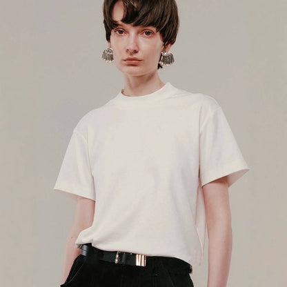 Siyuan, minimalist solid color comfortable horse cotton short-sleeved front shoulder T-shirt women's semi-high round neck basic versatile top 8127