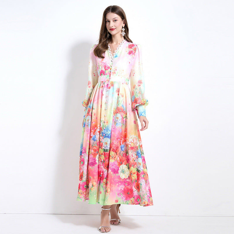 Holiday style dress women's  new  V-neck lace splicing lantern sleeve waist printed chiffon dress