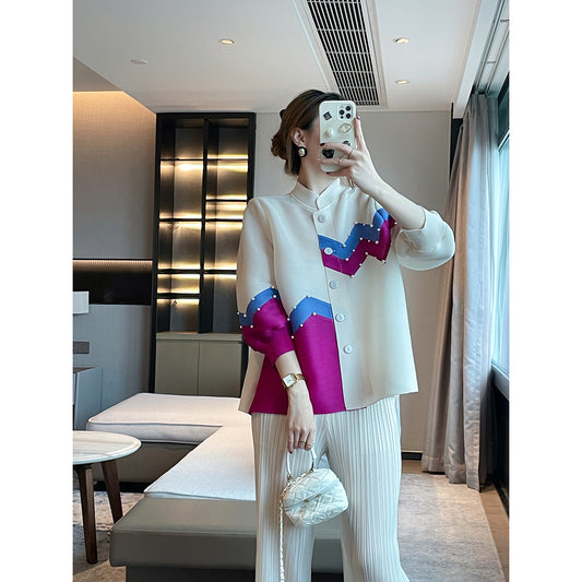 Miyake  autumn new  color matching beaded cardigan pleated top femininity elegant versatile short coat