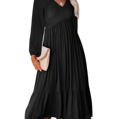 Sixsr Casual Solid Draped Midi Dress, Sexy Long Sleeve V-neck Loose Flowy Swing Babydoll Dresses, Women's Clothing