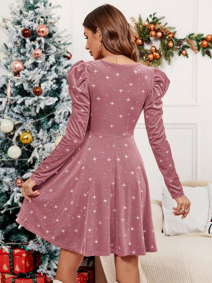 Elegant V-Neck Christmas Star Pattern Dress for Women, Polyester Knit Fabric, Long Puff Sleeve Cross Detail A-Line Skater Dress for Fall/Winter