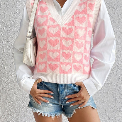 Sixsr Heart Pattern V Neck Knitted Vest, Y2K Sleeveless Vest For Spring & Fall, Women's Clothing