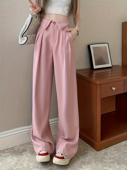 Sixsr Button Front Straight Leg Pants, Casual Pleated Pocket High Waist Pants, Women's Clothing