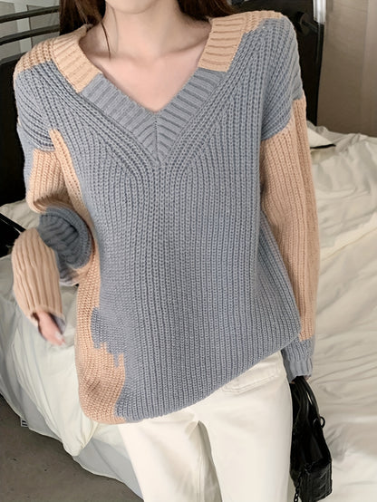 Sixsr Color Block Knitted Pullover Sweater, Casual Long Sleeve Sweater For Fall & Winter, Women's Clothing