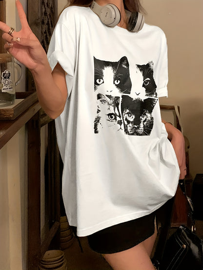 Sixsr Cat Print Crew Neck T-Shirt, Y2K Short Sleeve T-Shirt For Spring & Summer, Women's Clothing