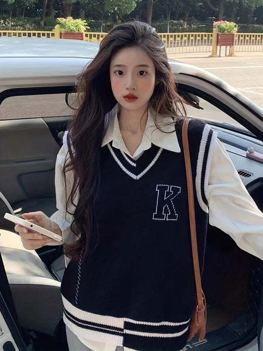 Sixsr Letter K Pattern V Neck Knitted Vest, Casual Sleeveless Preppy Style Sweater, Women's Clothing