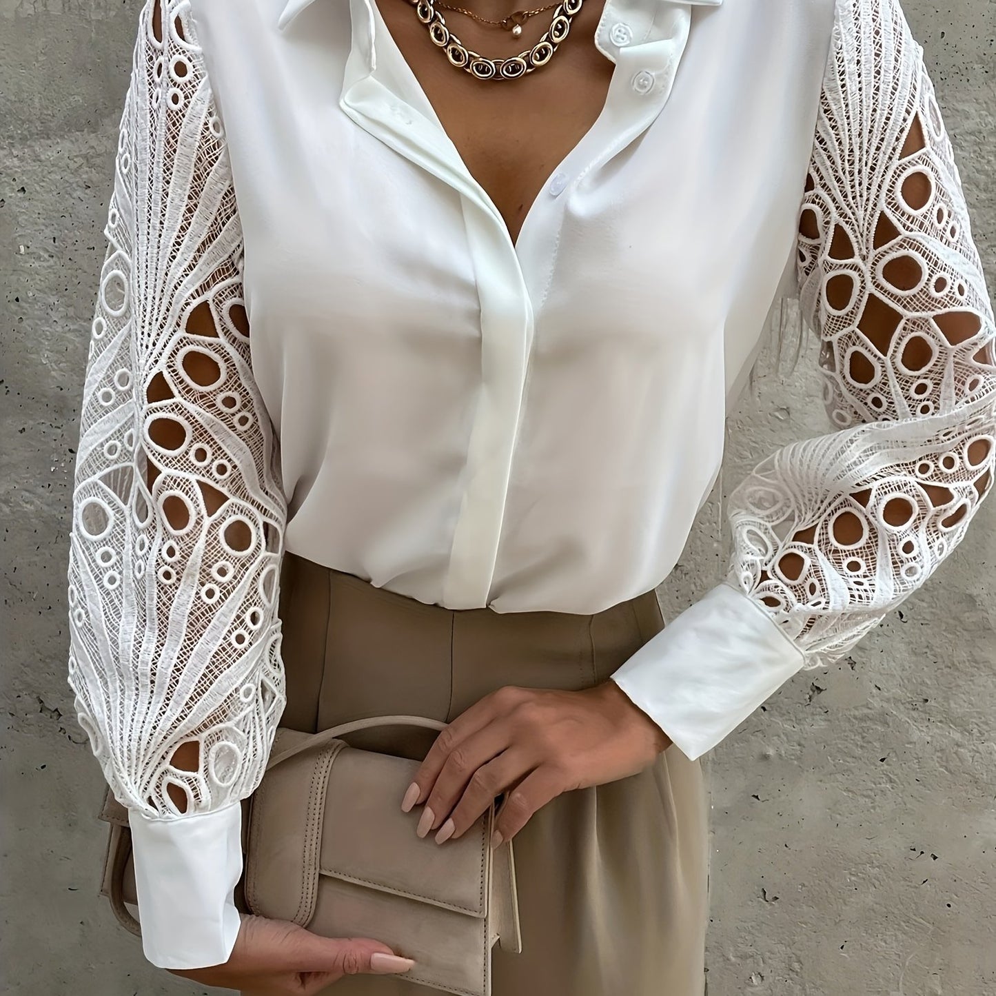 Women's V-Neck Casual Blouse Lace Long Sleeve Shirt Lantern Sleeve Top Work Button T-Shirt