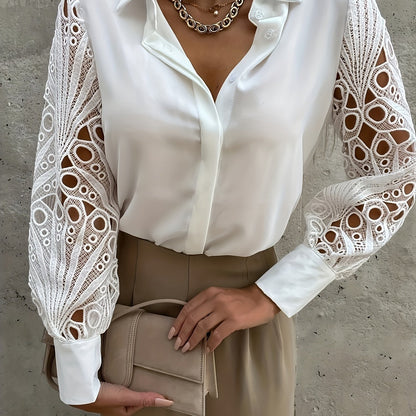 Women's V-Neck Casual Blouse Lace Long Sleeve Shirt Lantern Sleeve Top Work Button T-Shirt