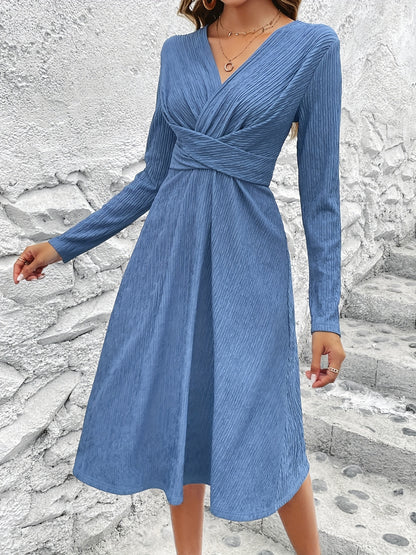 Criss Cross Solid Dress, Elegant Simple V Neck Long Sleeve Dress, Women's Clothing