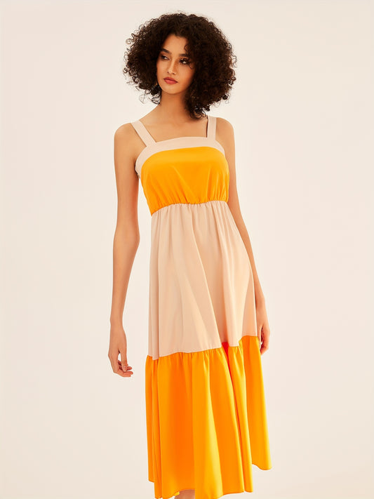 Sixsr Color Block Sleeveless Midi Dress, Vacation Suspender Stylish Midi Dress, Women's Clothing