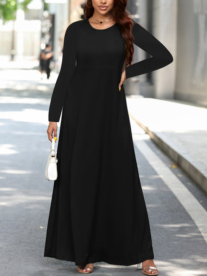 Sixsr Plus Size Casual Dress, Women's Plus Solid Long Sleeve Round Neck High Stretch Maxi Dress