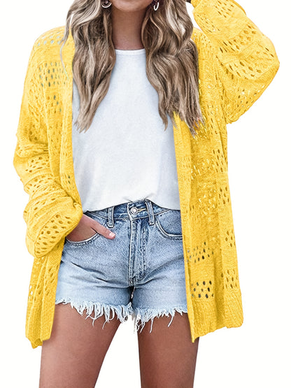 Cut Out Crochet Cardigan, Casual Beach Wear Long Sleeve Cardigan, Women's Clothing