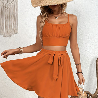 Casual Solid Two-piece Skirt Set, Crop Cami Top & Tie Front Skirt Outfits, Women's Clothing