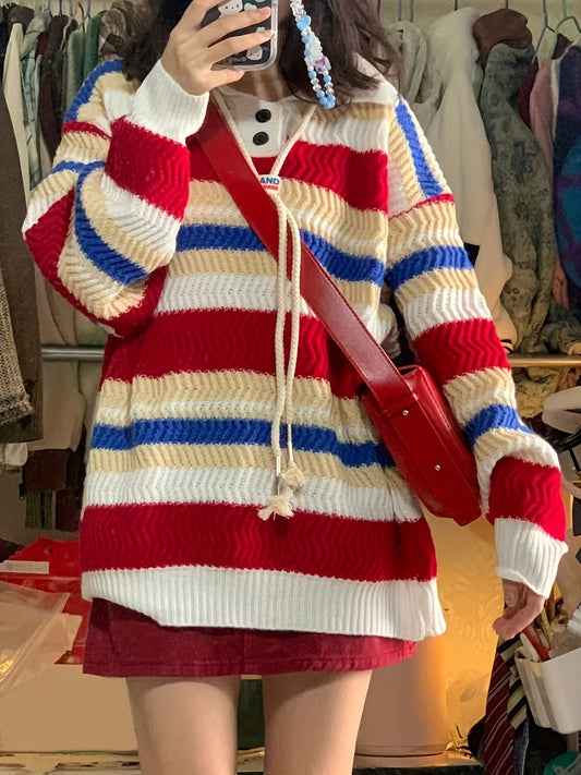 Sixsr Striped Button Front Knit Sweater, Cute Long Sleeve Pullover Sweater For Fall & Winter, Women's Clothing