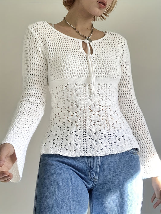 Sixsr Solid Tie Neck Cut Out Pullover Sweater, Elegant Long Sleeve Sweater For Spring & Fall, Women's Clothing