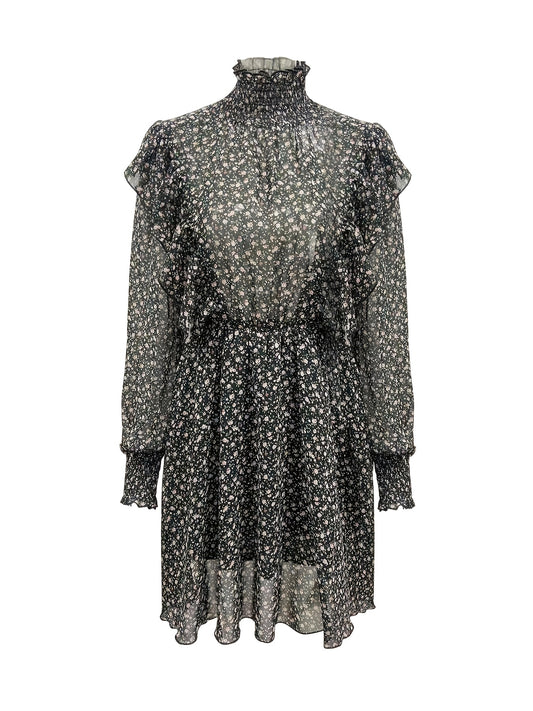 Sixsr Ditsy Floral Print Dress, Elegant Mock Neck Long Sleeve Ruffle Trim Dress, Women's Clothing