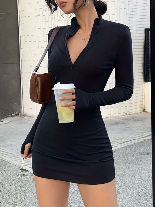 Sixsr Zipper Solid Bodycon Dress, Casual Long Sleeve Mini Dress, Women's Clothing