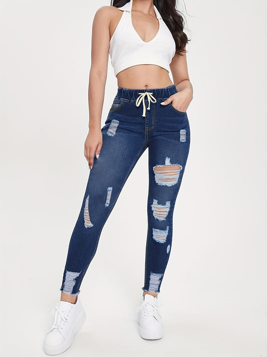 Sixsr Raw Hem Ripped Mom Jeans, Elastic Waistband Distressed Slash Pockets Denim Pants, Women's Denim Jeans & Clothing