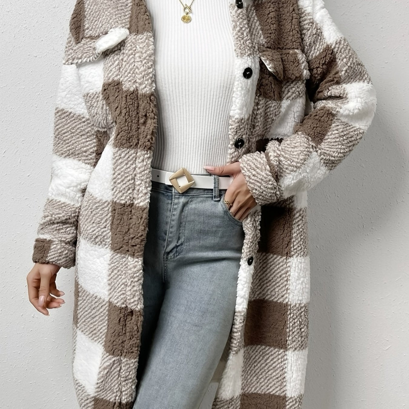 Sixsr Plaid Pattern Teddy Coat, Casual Button Front Long Sleeve Outerwear, Women's Clothing