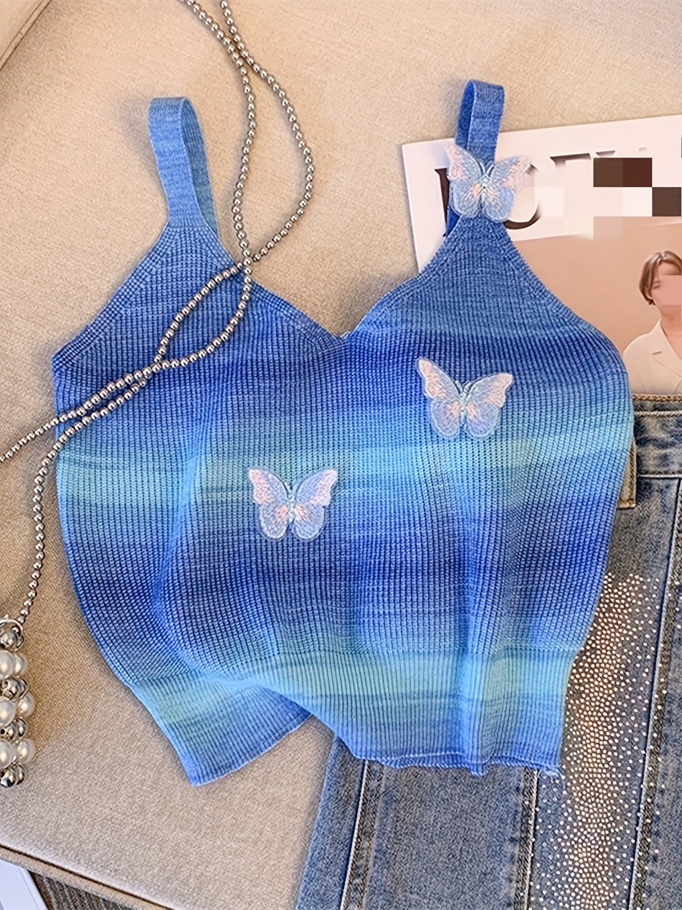 Sixsr Butterfly Pattern Gradient Knitted Cami Top, Casual V Neck Summer Sleeveless Top, Women's Clothing