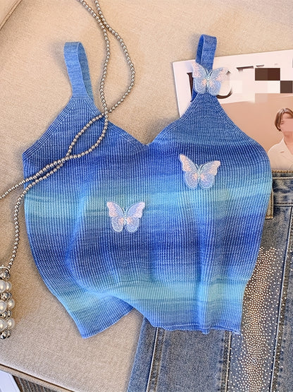 Sixsr Butterfly Pattern Gradient Knitted Cami Top, Casual V Neck Summer Sleeveless Top, Women's Clothing
