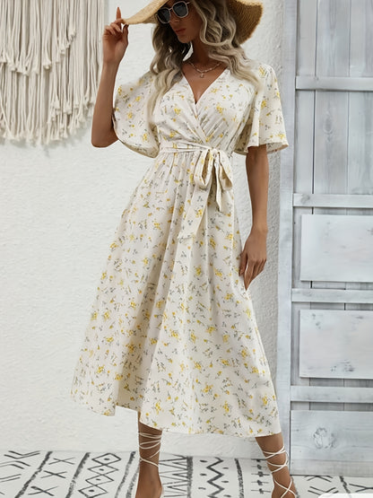 Sixsr Flutter Sleeve V Neck Belted Dress, Floral Print Short Sleeve Vacation Casual Dress For Summer & Spring, Women's Clothing