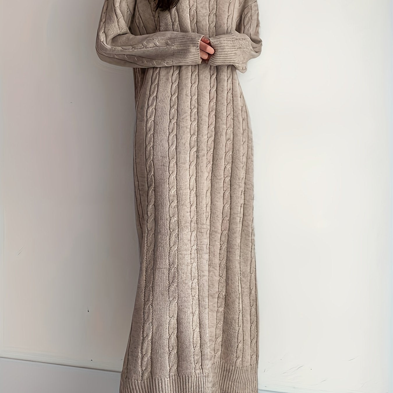 Sixsr Cable Knit Maxi Dress, Elegant Crew Neck Long Sleeve Dress, Women's Clothing