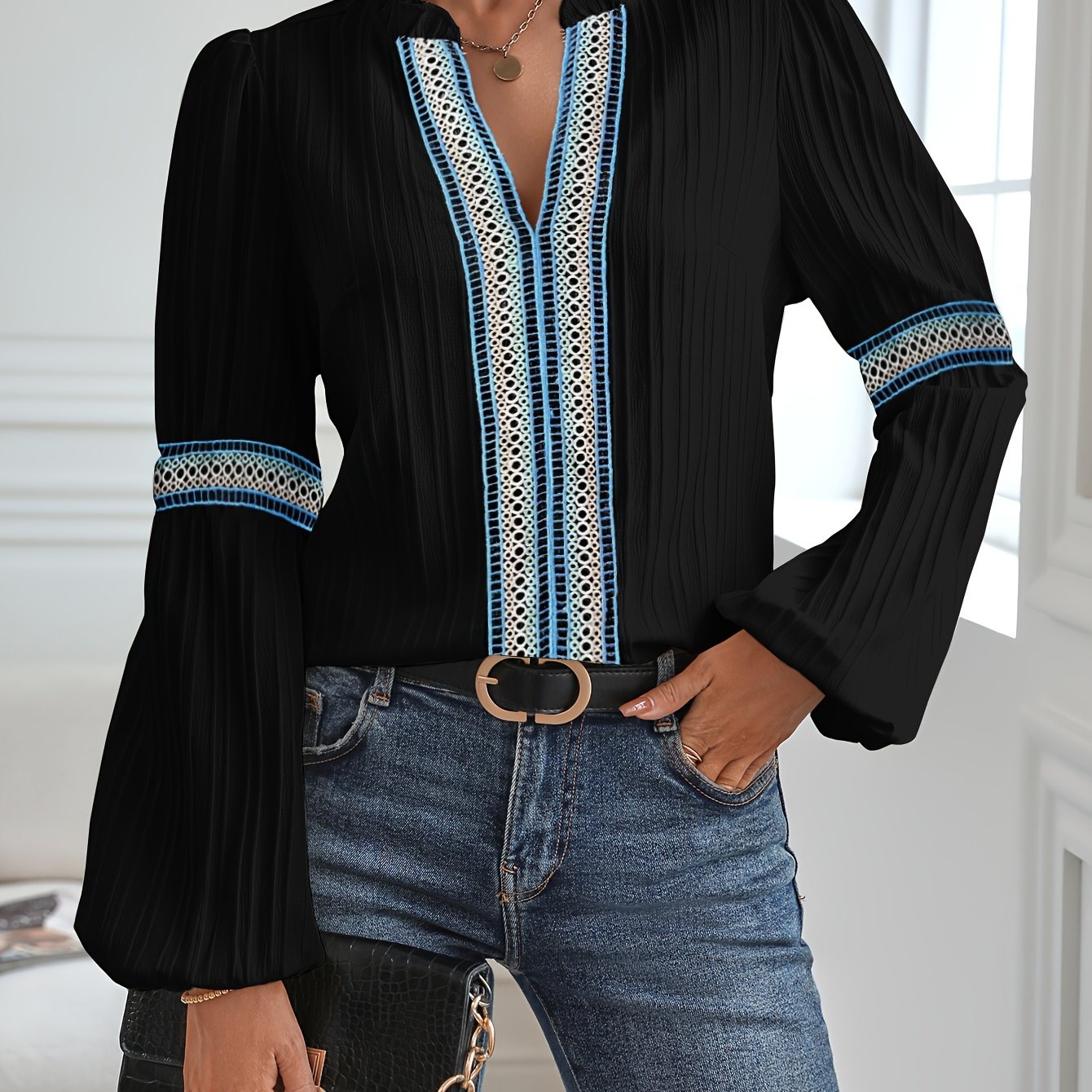 Sixsr Colorful Lace Stitching Blouse, Casual Long Sleeve Blouse For Spring & Fall, Women's Clothing