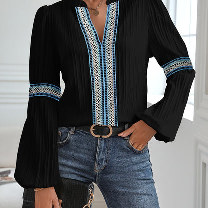 Sixsr Colorful Lace Stitching Blouse, Casual Long Sleeve Blouse For Spring & Fall, Women's Clothing