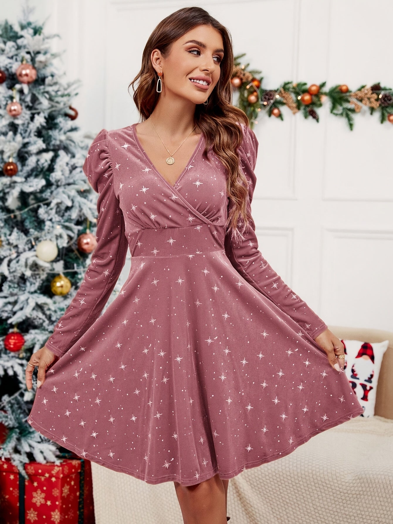 Elegant V-Neck Christmas Star Pattern Dress for Women, Polyester Knit Fabric, Long Puff Sleeve Cross Detail A-Line Skater Dress for Fall/Winter