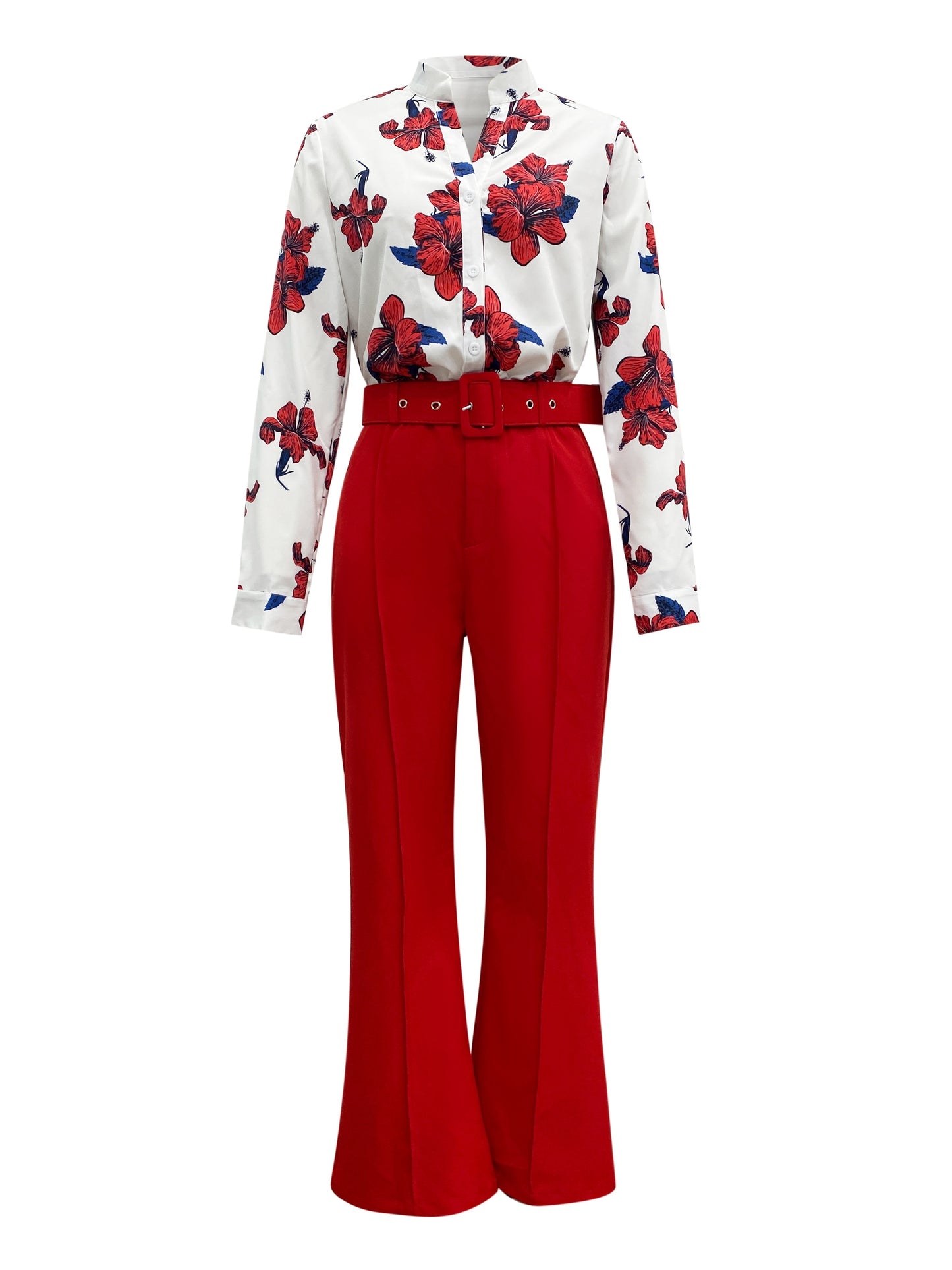 Women's Floral Print Two-piece Set - Comfortable Button Front Blouse and Wide Leg Pants for Casual Outfits