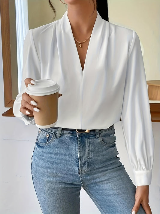 Sixsr Solid V-neck Pleated Blouse, Elegant Long Sleeve Blouse For Office & Work, Women's Clothing
