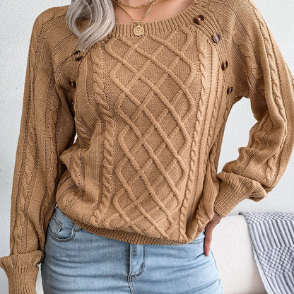 Cozy Women's Sweater with Textured Button Lantern Sleeves