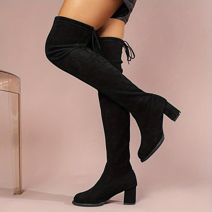 Sixsr Women's Over The Knee Boots, Chunky Heeled Drawstring Pull On Long Boots, Fashionable Stretchy Boots