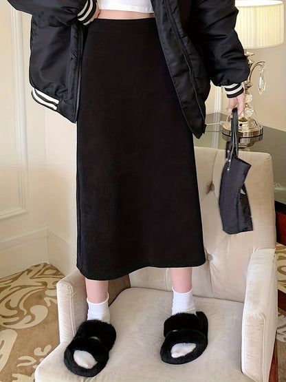 Sixsr Solid High Waist Split Skirt, Casual Fleece Midi Skirt For Fall & Winter, Women's Clothing