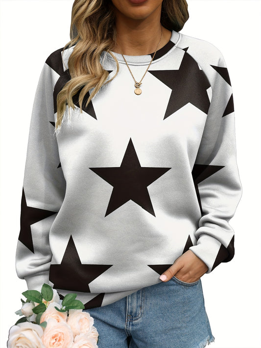 Sixsr Plus Size Casual Sweatshirt, Women's Plus Star Print Raglan Sleeve Crew Neck Slight Stretch Pullover Sweatshirt, Casual Tops For Fall & Winter, Plus Size Women's Clothing